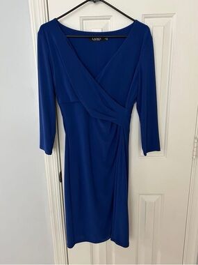Lauren Ralph Lauren Classy, Elegant Front Wrapped Detail, Flattering Blue Dress